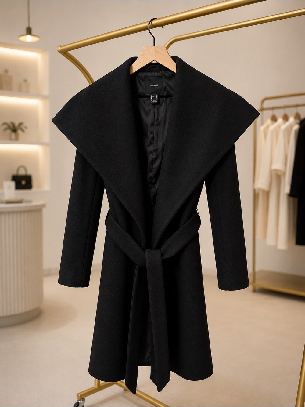 Forever 21 Black Wrap Trench Coat with Wide Shawl Collar